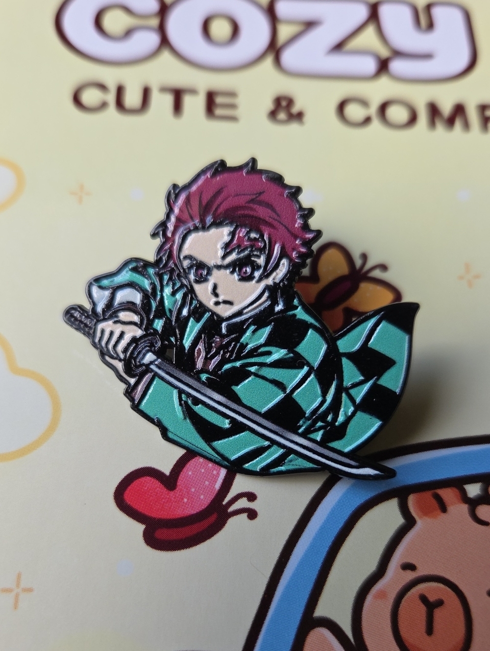Anime-Inspired Enamel Pin — Green & Black Checkered Warrior
